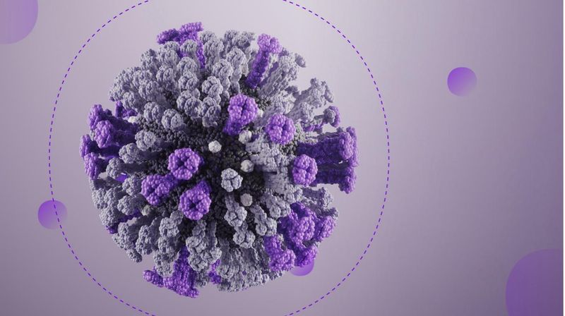 Representación en 3D de una partícula del virus de la gripe en violeta y gris sobre un fondo violeta en gradiente, con la palabra “Flunomics” en blanco y violeta a la derecha