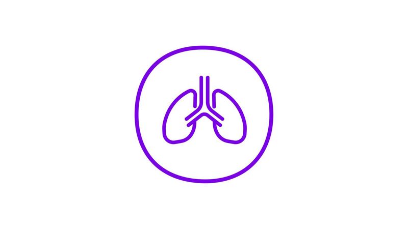 Purple circular icon with stylized lungs symbol, representing respiratory health and lung function.