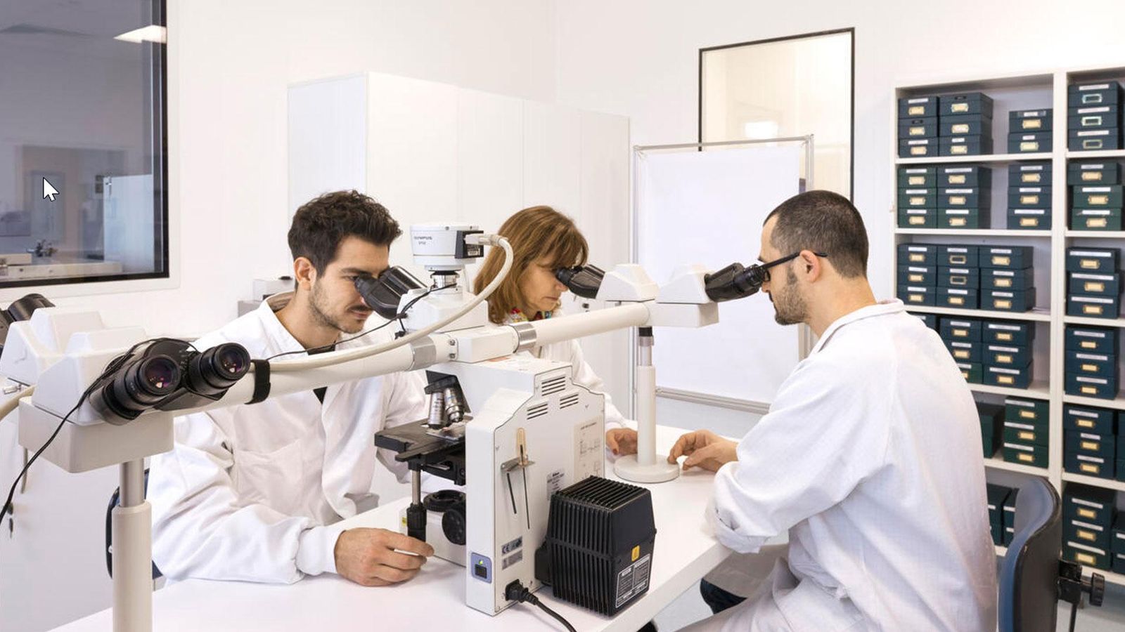 (L-R) Scientist Clement Levin, lab technician Françoise Le-Gall and scientist Stephan Mathieu, R&D platform, Vitry-sur-Seine, France