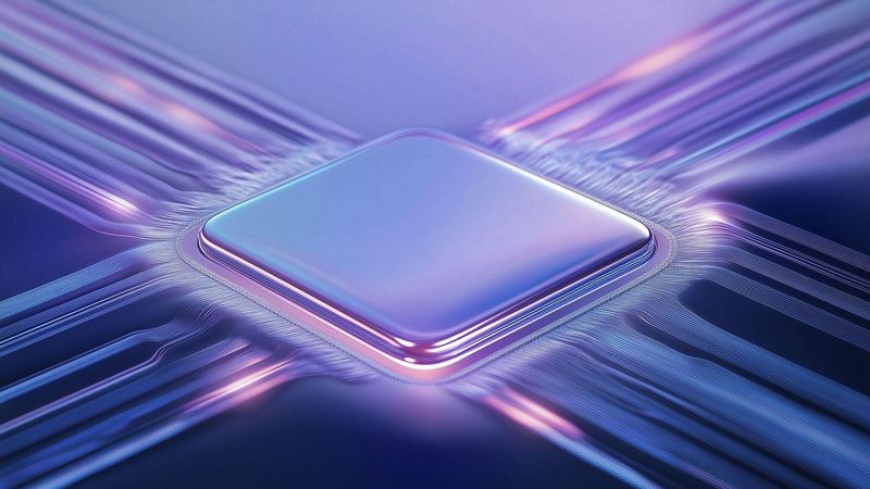 Geometric crystalline structure with central square shape on a blue and purple gradient, creating a shimmering effect like light reflecting off a surface