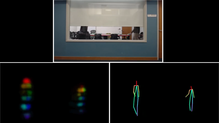 Top: People walking in a room. Bottom left and right: Wireless signals bounce of the people walking, and those signals are interpreted using machine learning. Movements and vital signs like breathing and heart rate can be measured and analyzed using this technology