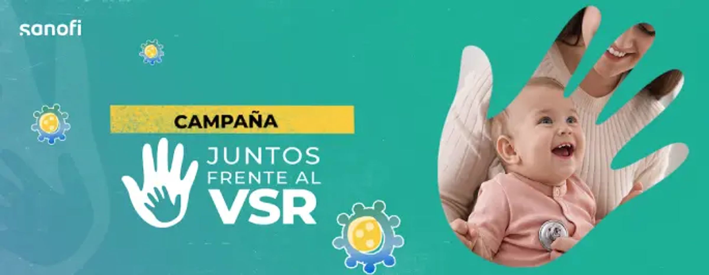 Imagen con foto de bebé y logo de la campaña "juntos frente el VSR"