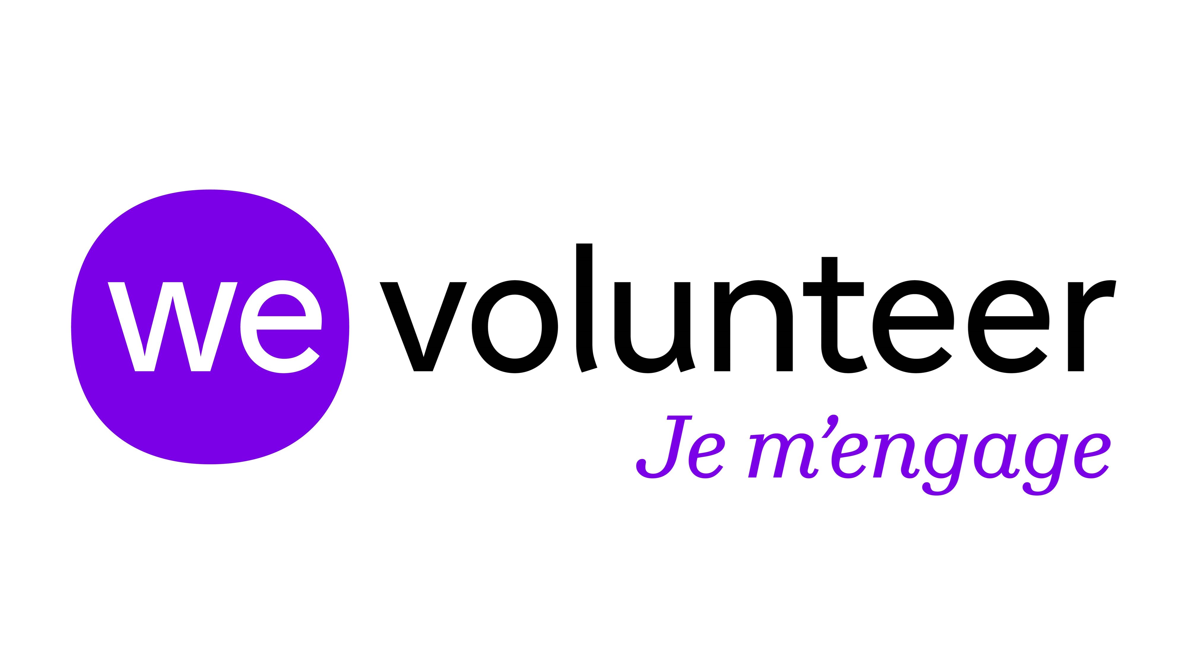 The word "We" is in white within a purple dot, while the word "volunteer" is in black on a white background, with the program name in French in purple below