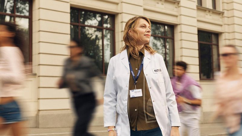 A woman in a white Sanofi lab coat and company badge looks ahead with an optimistic expression while standing outside a building. Several people are running alongside her in the background, they are blurred in motion.