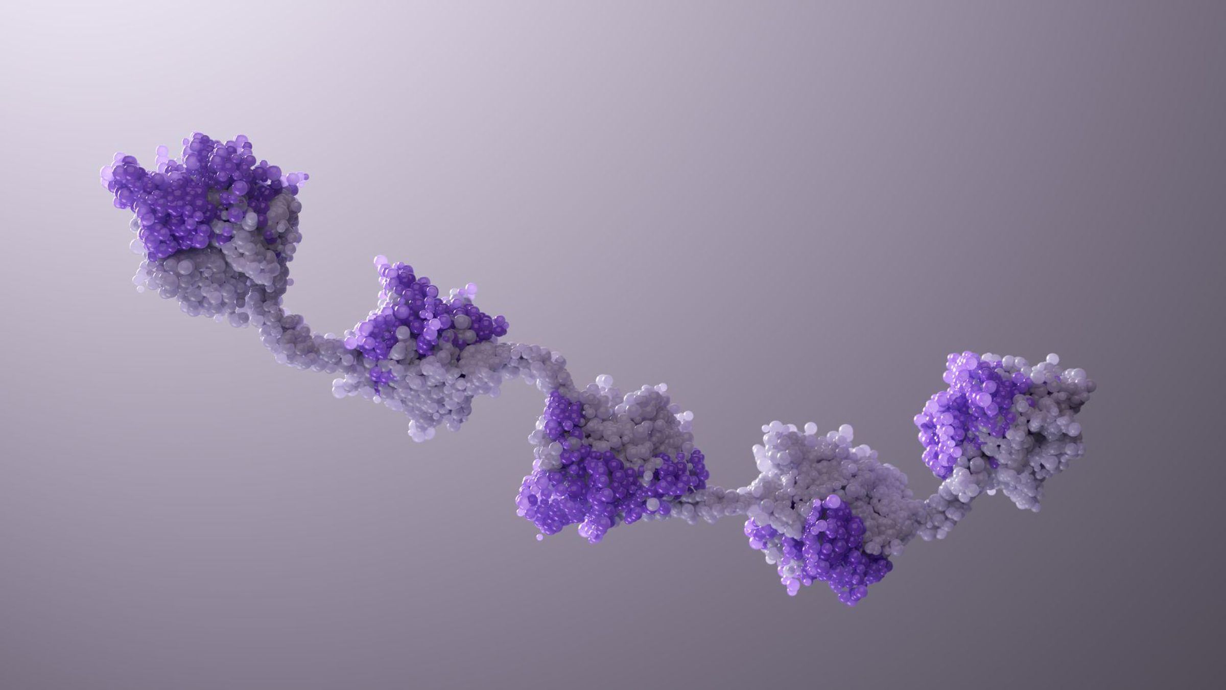 3D molecular model of a NANOBODY® molecule showing purple and gray spheres connected by bonds against a gradient background