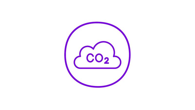A purple cloud icon with CO2 text displayed inside it, all enclosed within a purple circular border